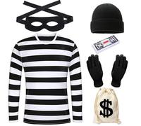 Robber Costume Set Adults Burglar Women Men Thief Accessories Black & White Striped T-Shirt Black Eye Mask Swag Bag for Criminal Halloween Carnival Party Cosplay (Men, L)