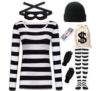 Robber Costume Set Adults Burglar Women Men Thief Accessories Black & White Striped T-Shirt Black Eye Mask Swag Bag for Criminal Halloween Carnival Party Cosplay (Women, M)
