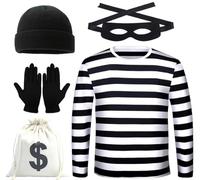 Robber Costume Set for Men Halloween Cosplay Thief Accessories Black White Striped T-Shirt Mask Gloves Bag Beanie Hat (S)