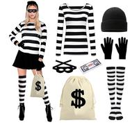 Robber Costume Women's Bank Robber Costume Women's Thief Costume Burglar Costume Bandit Costume Criminal Costume Convict Thief for Halloween Carnival Cosplay 7 Pieces
