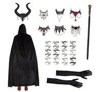 Robelli Evil Witch Women Halloween Horn Headband, Cane, Cape, Gloves, Black Eye Tattoos