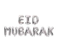 Robelli Silver Eid Mubarak + Crescent Moon Metallic Foil Balloons w/Hanging Ribbon (No Helium Necessary)