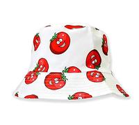 Robelli Unisex Reversible Summer Bucket Hat - Fun Festival Colourful Designs (BH24 WHITE/RED TOMATO CARTOON)