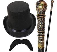 Robelli Victorian Gentleman Kids/Adults Fancy Dress Top Hat, Moustache & Cane (WORLD BOOK WEEK/DAY)