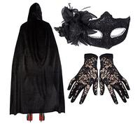 Robelli Womens Deluxe Masquerade Halloween Costume - Black Lace Mask + Cape + Gloves (Black)