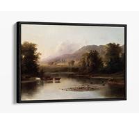 Robert S Duncanson, View Of St Annes River Canvas Floater Frame Print Picture Art - Black Frame 36 inch wide x 24 inch high