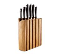 Robert Welch Signature Book Oak Knife Block Set. Multi Award Winning Design - Vegetable/Paring 10cm, Santoku 11cm, Kitchen 14cm, Cook’s 18cm, Bread 22cm, Carving 23cm, Book Oak Block. Saving £128.00.
