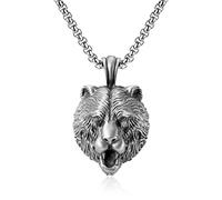 RobertDTesta European And American Hip Hop Personalized Animal Brown Bear Pendant Necklace, Men's And Women's Bear Head Pendants,Silver,50CM