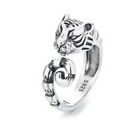 RobertDTesta Men And Women S925 Sterling Silver Tiger Ring, Retro Fashion Tiger Couple Ring,White,7