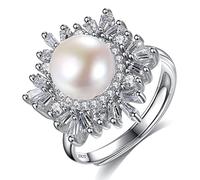 RobertDTesta Simple S925 Silver Open CZ Zircon Pearl Ring,Freshwater Pearl Ring for Women,Silver,6