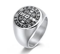 RobertDTesta St Benedict Cross Signet Ring,Men's Stainless Steel Christian Amulet Ring,Silver,7
