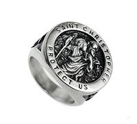 RobertDTesta St Christopher Signet Ring, Men's Gothic Cross St Christopher Patronus Stainless Steel Ring,Silver,12