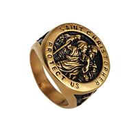 RobertDTesta St Christopher Signet Ring, Men's Gothic Cross St Christopher Patronus Stainless Steel Ring,Gold,12