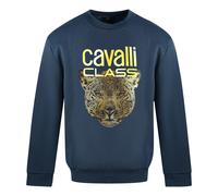 Roberto Cavalli Mens Class Leopard Print Logo Navy Blue Jumper Cotton - Size Small