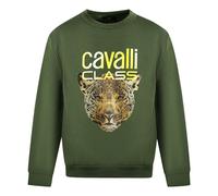 Roberto Cavalli Mens Class Leopard Print Logo Olive Jumper Cotton - Size Large