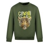 Roberto Cavalli Mens Class Leopard Print Logo Olive Jumper Cotton - Size X-Large
