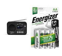 Roberts PLAY20 Compact and Portable DAB/DAB+/FM Digital Radio, Rubber-Protected, Full Colour Screen, Black & Energizer Rechargeable AA Batteries, Universal Double AA, Pack of 4