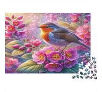 Robin Among Flowers Puzzle 1000 Pieces Recycled Paper for Adults Puzzle for Adults Educational Game Challenge Fun Home Present Great Gift for Kids Age 12 Years Up 38x26cm/1000pcs
