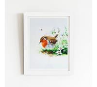 Robin And Daisies Watercolour Framed Art Print Warren Reed - Designer White W16 inch x H24 inch