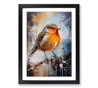 Robin Bird Action Painting Framed Print | A2 Black Framed Wall Art | Ready to Hang | Modern Animal Picture | Living Room Bedroom Lounge Office