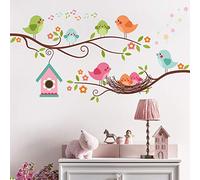 Robin Bird and Tree Branch Wall Stickers, Colorful Cute Cartoon Lovely Birds Singing On The Branch with Flowers Wall Decal, DILIBRA Removable DIY Mural Decorations for Living Room Bedroom Baby Room