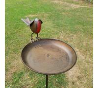 Robin Bird Bath On Tall Spike | Metal Tin British Garden Bird Statue