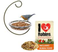 Robin bird feeder with food - Jacobi Jayne® Easy-Clean Hanging Treat Dish and I Love Robins® food - Ideal for Bird Seed, Mealworms & table scraps - Hanging bird feeder for wild bird food