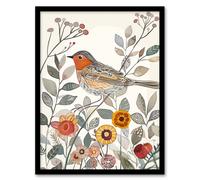 Robin Bird Garden Flowers Bright Folk Art Framed Art Print Artery8 Multi W12 inch x H16 inch