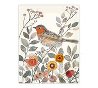 Robin Bird Garden Flowers Bright Folk Art Wall Art Print Artery8 Multi W24 inch x H32 inch
