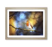 Robin Bird In A Tree In Abstract Modern Art Framed Print | A3 Oak Framed Wall Art | Ready to Hang | Abstract Floral Picture | Living Room Bedroom Lounge Office