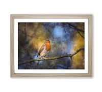 Robin Bird In A Tree Painting Modern Art Framed Print | A2 Oak Framed Wall Art | Ready to Hang | Modern Floral Picture | Living Room Bedroom Lounge Office