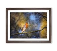 Robin Bird In A Tree Painting Modern Art Framed Print | A4 Walnut Framed Wall Art | Ready to Hang | Modern Floral Picture | Living Room Bedroom Lounge Office