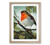 Robin Bird Painting Vol.3 Framed Print | A2 Oak Framed Wall Art | Ready to Hang | Modern Animal Picture | Living Room Bedroom Lounge Office