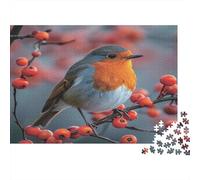 Robin Bird Perched 1000 Piece Jigsaw Puzzles Robin Bird on Berry Branch for Adults Educational Games Beautiful Decoration Difficult Challenging Male And Female Birthday 38x26cm/1000pcs Gifts