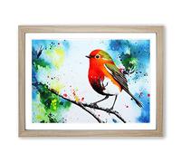 Robin Bird Splash Vol.2 Abstract Framed Print | A4 Oak Framed Wall Art | Ready to Hang | Abstract Animal Picture | Living Room Bedroom Lounge Office