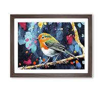 Robin Bird Splash Vol.5 Abstract Framed Print | A3 Walnut Framed Wall Art | Ready to Hang | Abstract Animal Picture | Living Room Bedroom Lounge Office