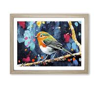 Robin Bird Splash Vol.5 Abstract Framed Print | A4 Oak Framed Wall Art | Ready to Hang | Abstract Animal Picture | Living Room Bedroom Lounge Office