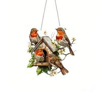 Robin Bird Suncatcher, 2D Flat Acrylic Bird House Hanging Ornament, Stained Glass Style Window Decor, Floral Robin Birdhouse for Home Garden Indoor Outdoor Decor, for Bird Lovers (house)