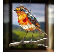 Robin Bird Suncatcher for Window, Stained Glass Style Bird on Branch Hanging Decor, Acrylic Ornament for Home Garden (Multicolor)
