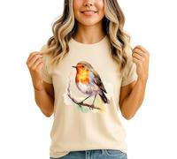Robin Bird Watercolor Womens Graphic T-Shirt Nature Wildlife Animals Tee L (16-18)