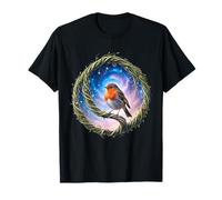 Robin Bird with Celestial Nebula Nature Circle Design T-Shirt