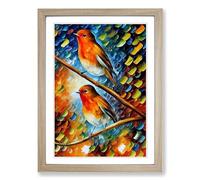 Robin Birds Painted Framed Print | A2 Oak Framed Wall Art | Ready to Hang | Modern Animal Picture | Living Room Bedroom Lounge Office
