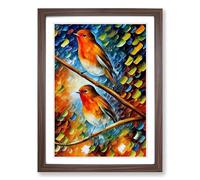 Robin Birds Painted Framed Print | A2 Walnut Framed Wall Art | Ready to Hang | Modern Animal Picture | Living Room Bedroom Lounge Office