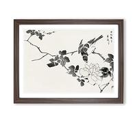 Robin Birds & White Lotus By Numata Kashu Asian Japanese Framed Print | A2 Walnut Framed Wall Art | Ready to Hang | Asian Floral Picture | Living Room Bedroom Lounge Office