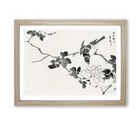 Robin Birds & White Lotus By Numata Kashu Asian Japanese Framed Print | A4 Oak Framed Wall Art | Ready to Hang | Asian Floral Picture | Living Room Bedroom Lounge Office
