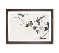 Robin Birds & White Lotus by Numata Kashu Framed Print | A2 Walnut Framed Wall Art | Ready to Hang | Modern Floral Picture | Living Room Bedroom Lounge Office