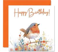 Robin Birthday Cards - Floral Birds - Happy Birthday Card for Mum Dad Brother Sister Auntie Uncle Cousin Friend Family Colleague 145mm Bday Greeting Cards