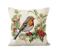 Robin Cushion - Christmas Cushion Covers 45x45, Christmas Robin Decorations,Single Set of Linen Christmas Bird Cushion with Red Fruit and Leaf Print for Holiday Sofa Living Room Decor (No Pillow Core