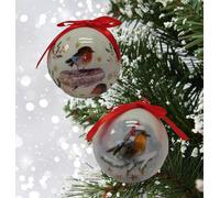 Robin Decoupage Baubles - Traditional Christmas Tree Ornaments - 75mm Glossy Baubles - Boxed
