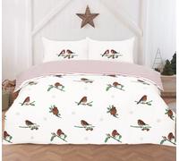 Rapport Home Robin on Holly Christmas Duvet Cover Set King Size | Reversible Festive with Candy Cane Stripe | Two Matching Pillowcases | Soft Microfibre